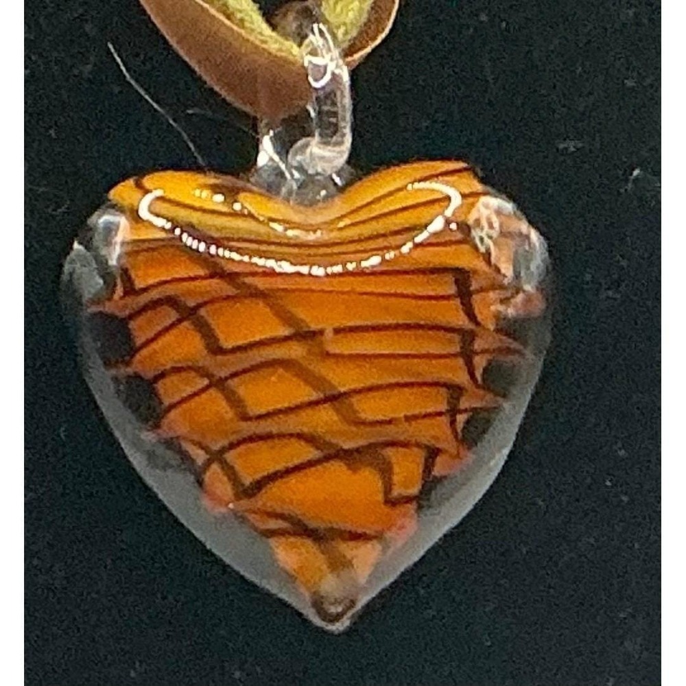 Heart Shaped Amber Glass‎ Pendant Necklace Orange Ribbon Cord